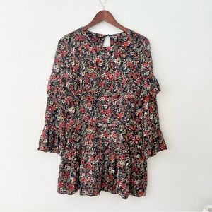 Zara Trafaluc Long Sleeve Tiered Floral Dress Black Red Small